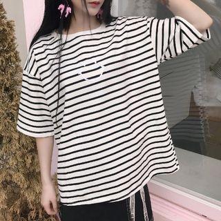 Elbow-sleeve Smiley Face Embroidery Striped Top