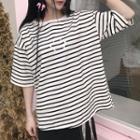 Elbow-sleeve Smiley Face Embroidery Striped Top