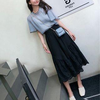 Set: Elbow-sleeve Dotted Top + Wide Leg Pants
