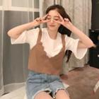 Set: Bell-sleeve Chiffon Blouse + Pinstriped Cropped Sleeveless Top