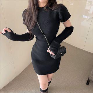 Set: Puff-sleeve Bodycon Dress + Arm Sleeves