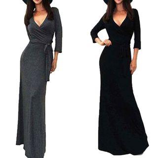 3/4 Sleeve V-neck Gather-waist Maxi Dress