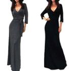 3/4 Sleeve V-neck Gather-waist Maxi Dress