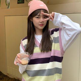 V-neck Color-block Striped Vest Purple - One Size
