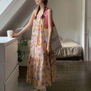 Sleeveless Floral Midi Smock Dress Almond & Purple & Oange - One Size