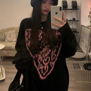 Round Neck Heart Print Sweater Black - One Size