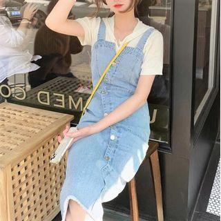 Denim Midi Sheath Overall Dress / Hooded Knit Top
