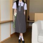 Short-sleeve Plain Shirt / Tie / Midi Overall Dress / Set
