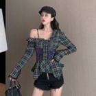 Off-shoulder Plaid Lace-up Corset Blouse As Shown In Figure - One Size
