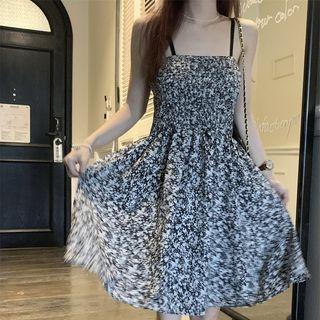 Spaghetti-strap Floral Print Shirred Mini Sundress Black - One Size
