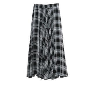 Plaid Chiffon Midi A-line Skirt Black - One Size
