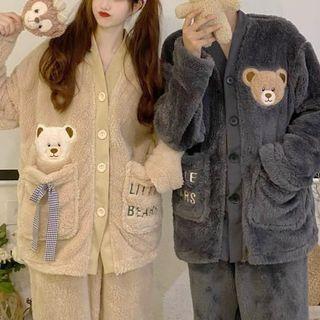 Set: Long Sleeve V-neck Bear Embroidered Fluffy Sweater + Plain Fluffy Sweater Pants