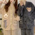 Set: Long Sleeve V-neck Bear Embroidered Fluffy Sweater + Plain Fluffy Sweater Pants