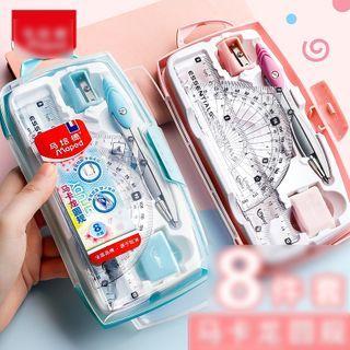 Set: Ruler + Protractor + Set Square + Pencil Sharpener + Compass + Eraser + Lead Refill
