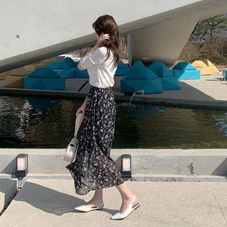 Band-waist Long Floral Skirt Dark Navy Blue - One Size
