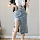 Distressed Slit Denim A-line Skirt