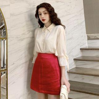 3/4-sleeve Tie-cuff Shirt / Mini A-line Skirt