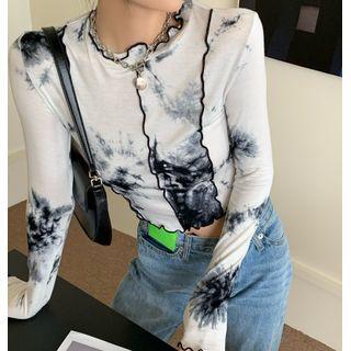 Long-sleeve Ruffle Trim Tie-dye T-shirt
