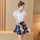 Set: Frill Trim Short Sleeve Chiffon Top + Floral Print A-line Skirt