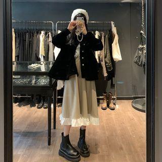 Velvet Padded Jacket + Color-block Ruffled Midi Skirt