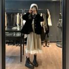 Velvet Padded Jacket + Color-block Ruffled Midi Skirt