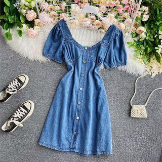 Square-neck Puff-sleeve Denim Mini Dress