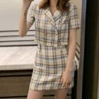 Set: Short-sleeve Plaid Double Breasted Top + Mini Skirt