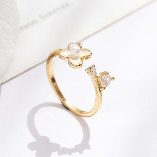 Flower Faux Pearl Rhinestone Alloy Open Ring Gold - One Size