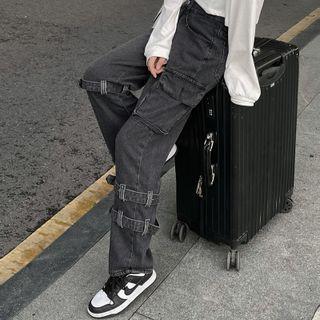 High Waist Buckled Cargo Jeans