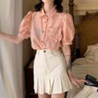 Puff-sleeve Plaid Blouse / Pleated Skirt