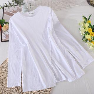 Round-neck Plain Long-sleeve Top White - One Size