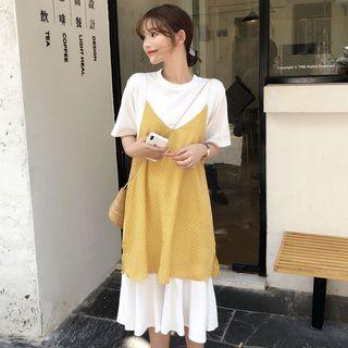 Set: Short-sleeve Midi A-line Dress + Strappy Dress