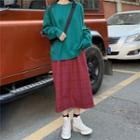 Round Neck Long-sleeve Sweater / Plaid Midi Skirt