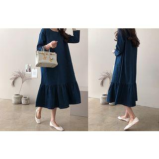 3/4-sleeve Ruffle-hem Denim Dress