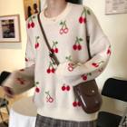 Cherry Jacquard Sweater / Plaid A-line Skirt
