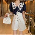 Lace Trim Short-sleeve Blouse / Suspender Shorts