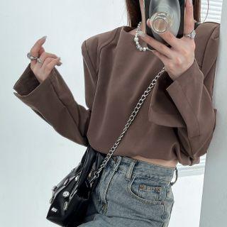 Round-neck Ruched Long-sleeve Cropped Sweatshirt Coffee - One Size