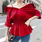 Elbow-sleeve V-neck Smocked Blouse