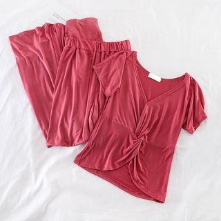 Set: V-neck Top + High-waist Wide-leg Pants