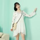 Embroidered Cutout-back Bell-sleeve Dress