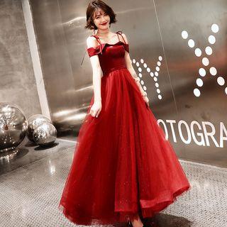 Cold-shoulder Glitter A-line Mesh Evening Gown
