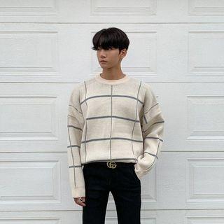 Checked Oversized Rib-knit Sweater