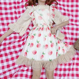 3/4-sleeve Frill Trim Top / Sleeveless Printed Chiffon A-line Dress