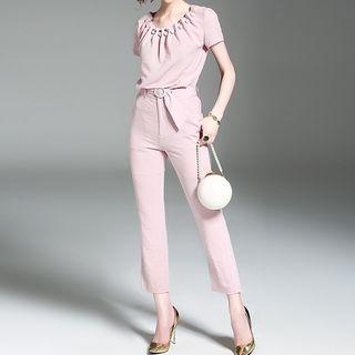 Set: Faux Pearl Short-sleeve Top + Cropped Pants