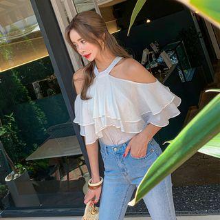 Halter-neck Tiered Ruffled Blouse