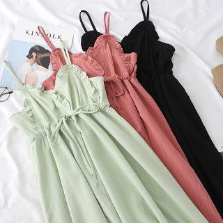 V-neck Ruffle-trim Sleeveless A-line Dress