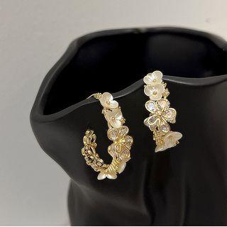 Flower Rhinestone Shell Alloy Open Hoop Earring 1 Pair - Gold - One Size