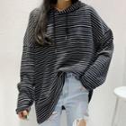 Open Back Striped Hooded Long-sleeve T-shirt Black - One Size