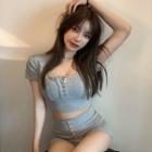 Short-sleeve Buttoned Cropped Top + High-waist Buttoned Shorts Gray - One Size