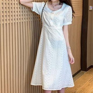 Short Sleeve Half Button Lace A-line Dress